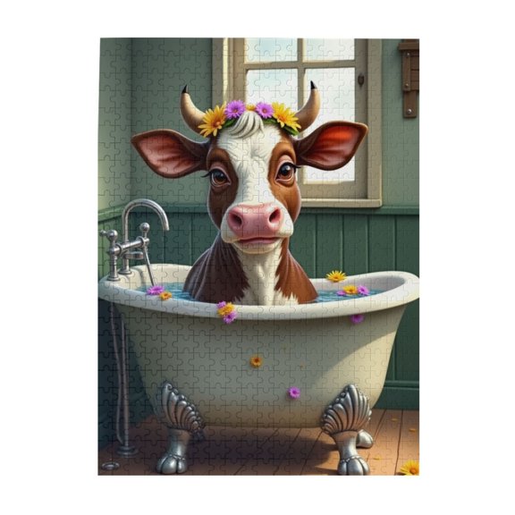 Bathtub Flower Cow 500 Piece Adult Jigsaw Puzzle Fun Brain Teaser For Puzzle Lovers Vibrant Illustration & Quality Pieces Challenging & Relaxing Great Gift