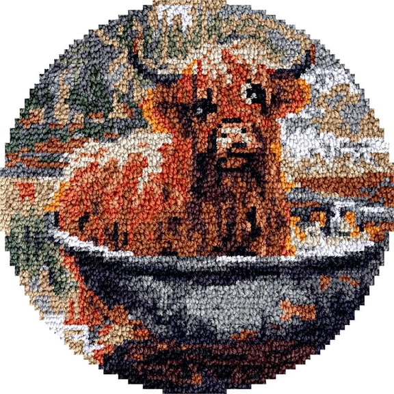 Bathtub Highland Cow Latch Hook Round Rug Kits Set for Starter Crochet Handmade Hooking Cushion Mat Sofa Seat Cushion Crocheting Kits with Preprinted Canvas Crochet Yarn Kits 50X50CM (r62)