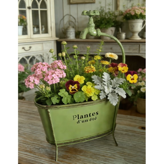 Bathtub Iron Planter - French Country Rusty Metal Flower Pot, Vintage Oval Container for Outdoor Plant, Home Decoration(green)Q