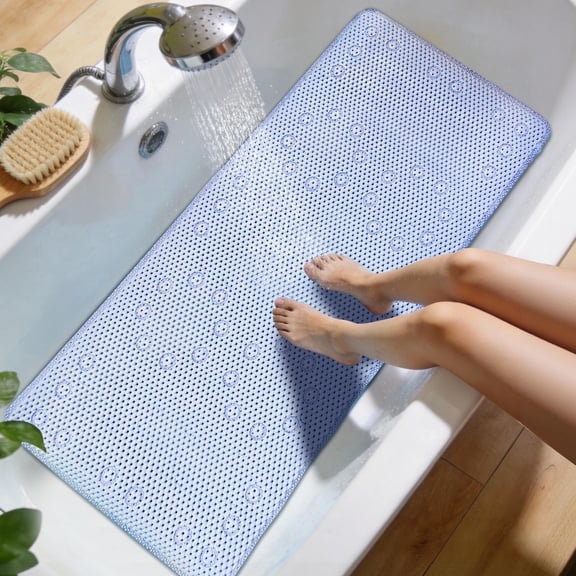 Bathtub Mat, 17" x 36", Non Slip Shower Mat with Drain Holes and Suction Cups, Sponge Bathroom Tub Mat, Machine Washable, Blue