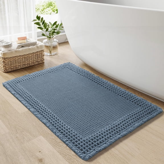 Bathtub Mat Blue 24" X 36" Waffle Design Tasseled Absorbent Non-Slip Bathroom Rug