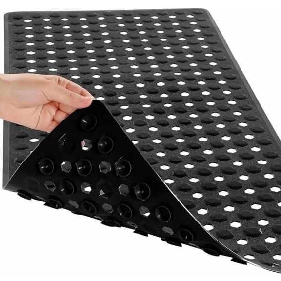 Bathtub Mat Non Slip, 27.5"x15.5" Machine Washable Shower Floor Mat, Soft on Feet, Bathmat with Drain Holes and Suction Cups, Bathroom Essentials, Black