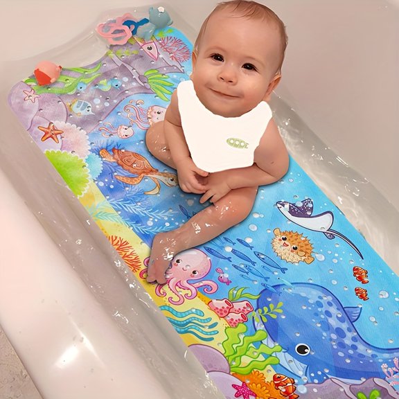 Bathtub Mat Non Slip Cartoon Bath Mat with Suction Cup and Drain Hole, Extra-Long 40 X 16 Inch Bath Tub and Shower Mat, Machine Washable, Blue-Halobios