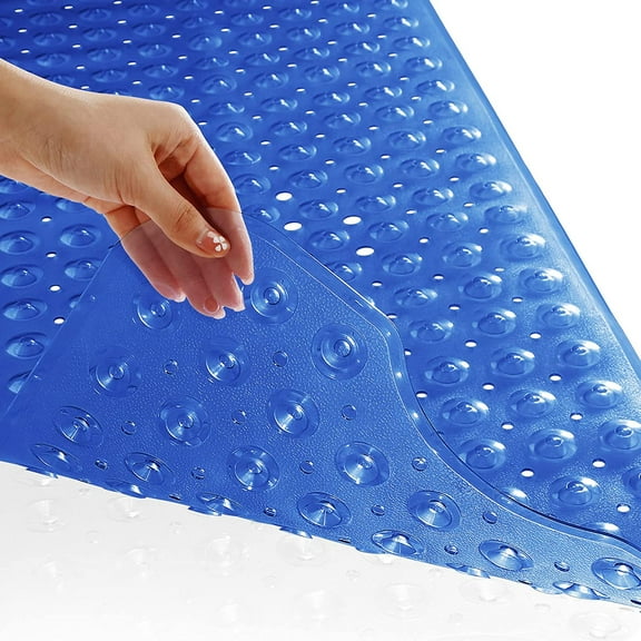 Bathtub Mat Non-Slip, Extra Long 40 x 16 Inch, Shower Mats for Bathroom Tub with Drain Holes, Machine Wash, Suction Cup, BPA, Latex, Phthalate Free, Clear Navy Blue