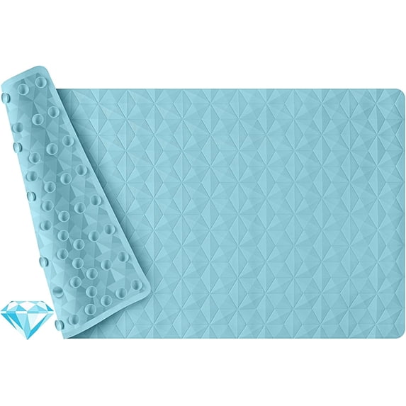 Bathtub Mat Non Slip - Natural Rubber Bath Tub Shower Safety Mat - 16 x 28 Inch Shower Mats with Suction Cups - Delicate Diamond Pattern - Softer - BPA Free - Machine Washable - Elegant Blue