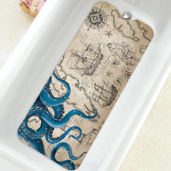 Bathtub Mat Non Slip, Octopus Extra Long Bath tub Mat Shower Floor Mat with Suction Cups and Drain Holes for Adults Kids Elderly 40 X 16 Inch