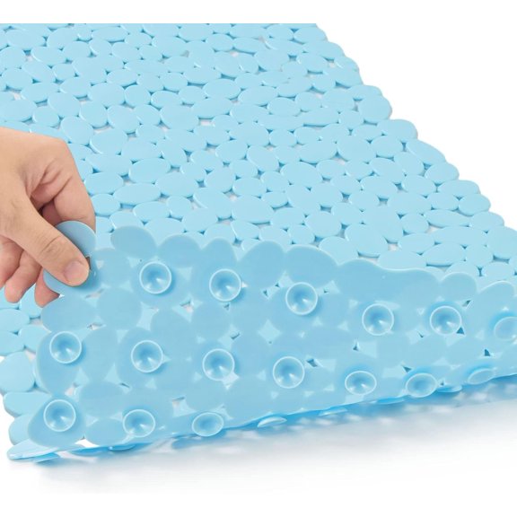 Bathtub Mat Non Slip Pebble Bath Shower Mat with Drain Holes, Suction Cups Mat for Tub 16" W x 35" L, Blue