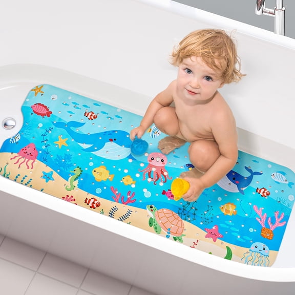 Extra Long Bathtub Mat Non Slip for Tub, 40 X 16 Inch Bath Shower Mat with Drain Holes and Suction Cups, Machine Washable Floor Mat, Whale Pattern