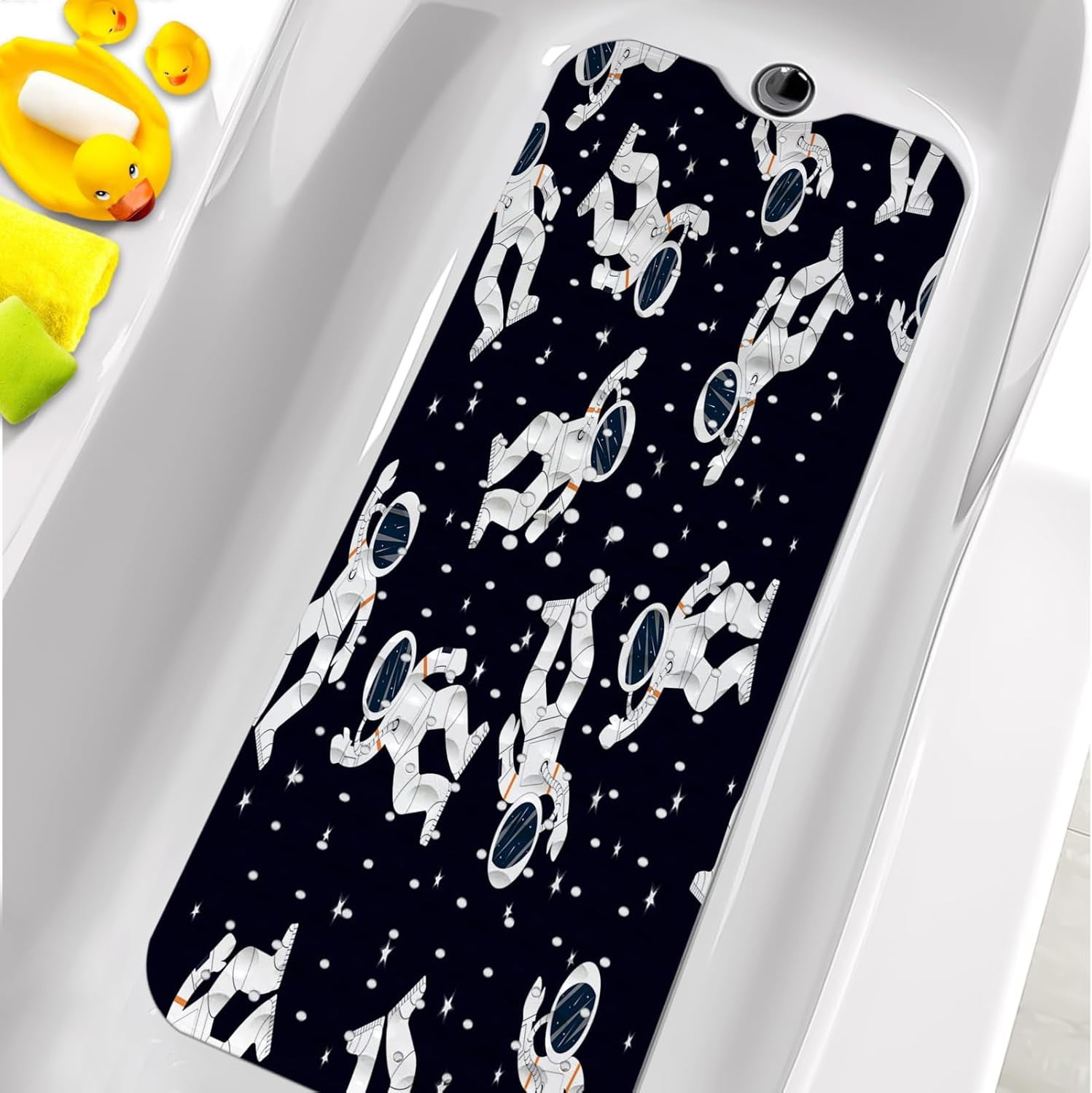 Bathtub Mats for Kids, Black Astronaut Bath Mat for Tub Non Slip, 40 X 16 Inch Large Washable Bathtub Mat Non Slip for Showers with Drain Holes and Suction Cups