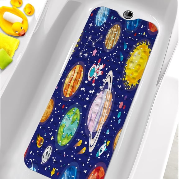 Bathtub Mats for Kids, Blue Outer Space Bath Mat for Tub Non Slip, 40 X 16 Inch Large Washable Bathtub Mat Non Slip for Showers with Drain Holes and Suction Cups
