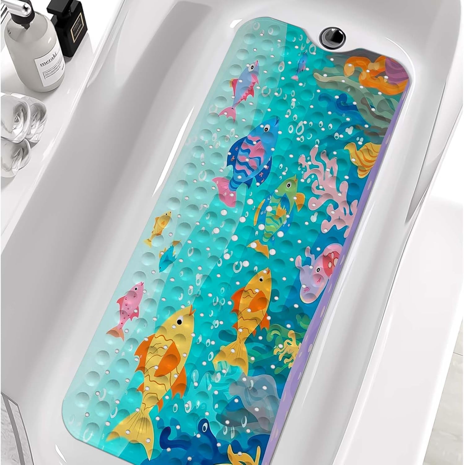 Bathtub Mats for Kids, Cartoon Bath Mats for Bathroom Non Slip, Large Washable Shower mats for Showers with Drain Holes and Suction Cups (Fish, 40 X 16 Inch)