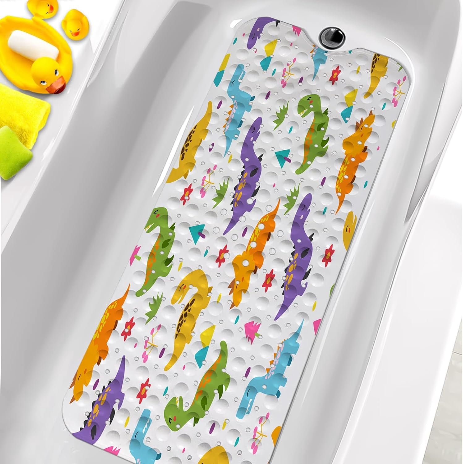 Bathtub Mats for Kids, Cartoon Dinosaur Bath Mat for Tub Non Slip, 40 X 16 Inch Large Washable Bathtub Mat Non Slip for Showers with Drain Holes and Suction Cups