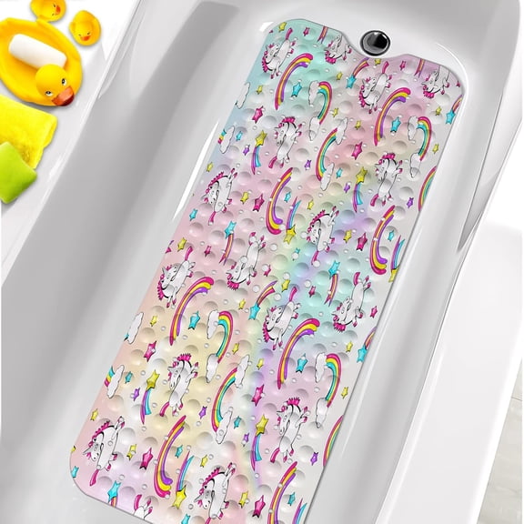 Bathtub Mats for Kids, Pink Unicorn Rainbow Bath Mat for Tub Non Slip, 40 X 16 Inch Large Washable Bathtub Mat Non Slip for Showers with Drain Holes and Suction Cups