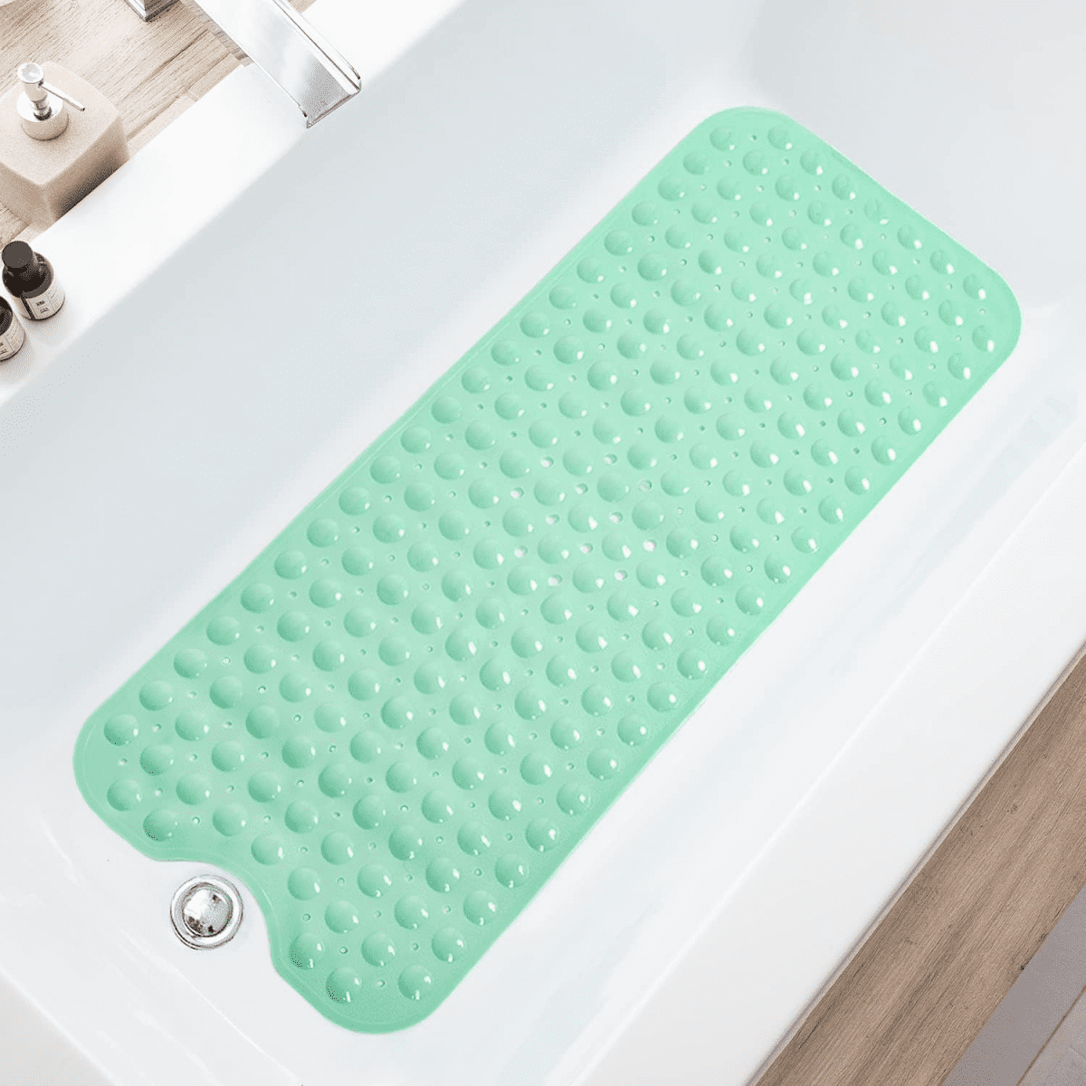 Pale Green Extra Long Non-Slip Vinyl Bath Mat with Suction Cups