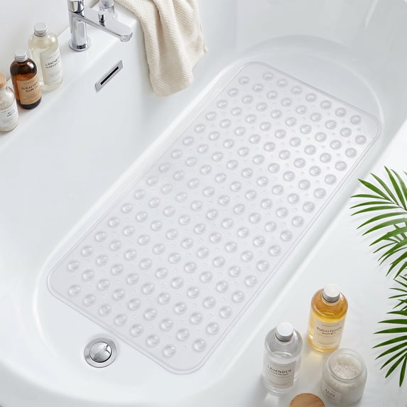 GPED Bathtub Mats for Shower Tub, Non Slip 27.6 x 15 Inch Bath Mat with Drain Holes and Suction Cups, Machine Washable BathMat for Bathtub Floor Liner Mats with Suction Cups and Drain Holes, Clear