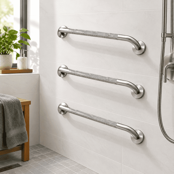 Bathtub Rails & Bars Brushed Peened Textured 3-Piece Set for Shower Safety and Accessibility