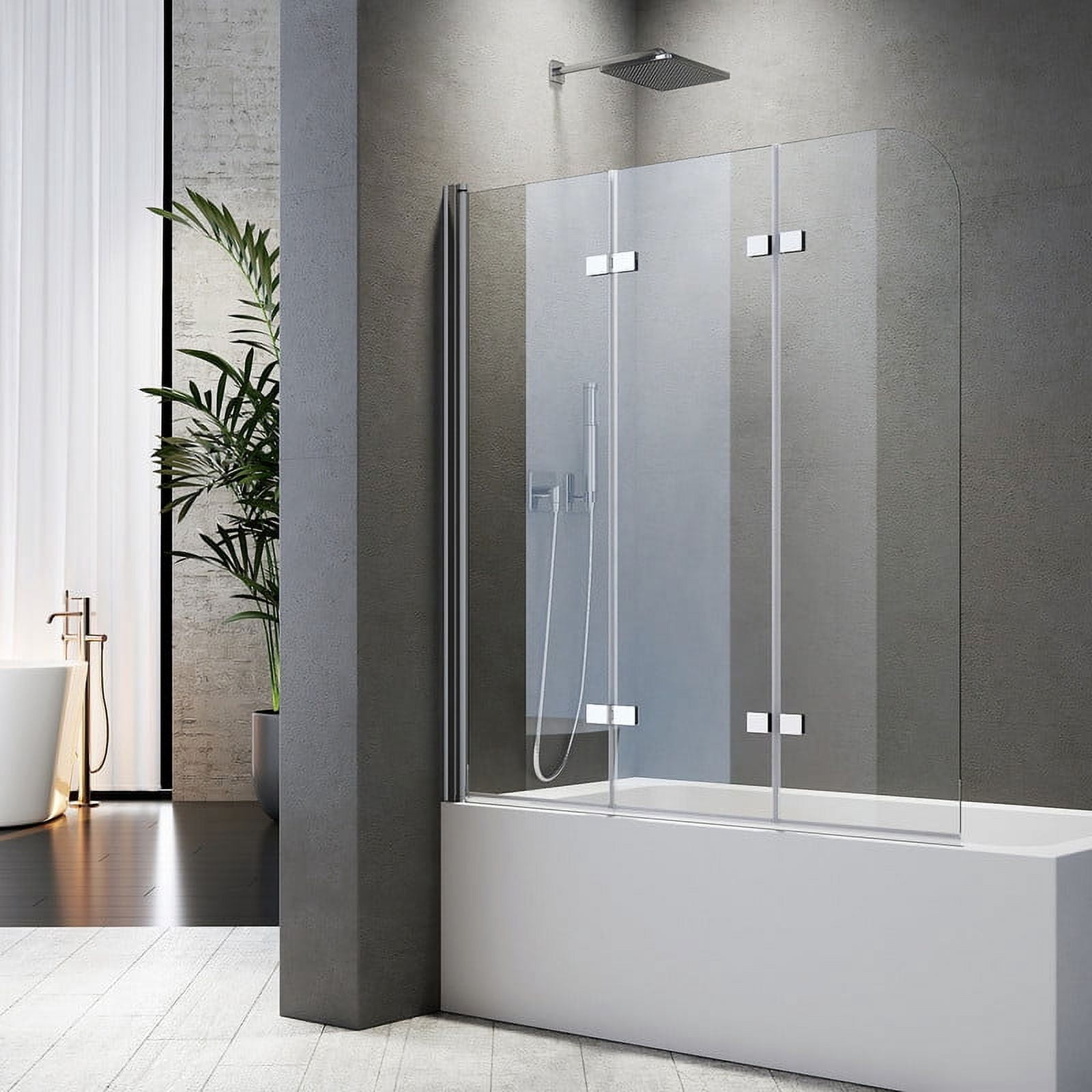 Bathtub Shower Door 48"W x 55"H Semi-Frameless Bypass Foldable Hinged Bathtub Glass Door 1/4" Tempered Glass Shower Door with Explosion-Proof Film Stainless Steel Chrome