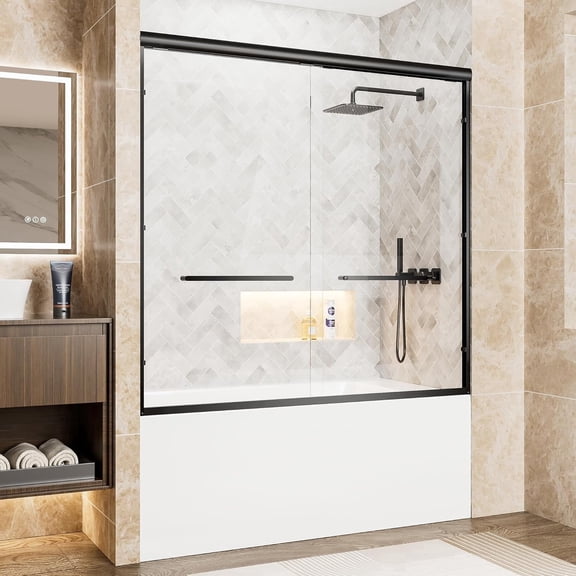 Bathtub Shower Door Sliding Glass, Tub Shower Door 56–60" W x 58" H, 1/4" Tempered Glass Door, Matte Black Aluminum Frame