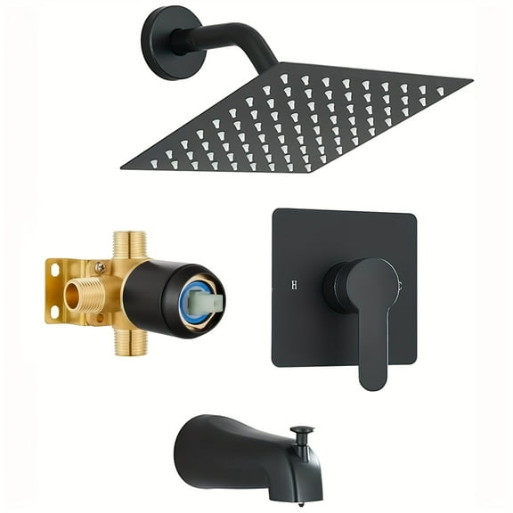 Bathtub Shower Faucet Set With Valve, Shower Faucet Set With 8-Inch Square Rainfall Shower Head, Shower Decorative Kit, Single Handle Tub And Shower Faucet Decorative Kit, Matte Black