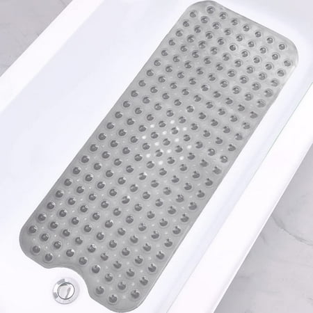 Bathtub and Shower Mats, Extra Long Non-Slip Bath Mat 39 x 16 Inch, Machine Washable Bath Tub Mat with Suction Cups & Drain Holes for Bathroom, Clear Grey