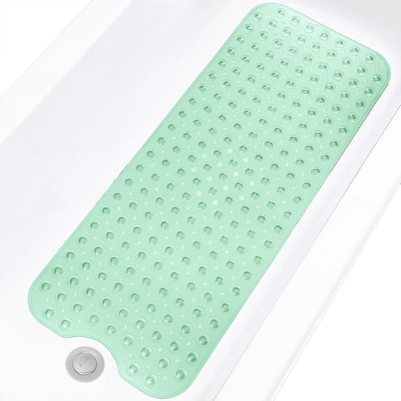 Bathtub and Shower Mats, Extra Long Non-Slip Bath Tub Mat 39 x 16 Inch, Machine Washable BathMat with Suction Cups & Drain Holes for Bathroom Floor, Clear Pale Green