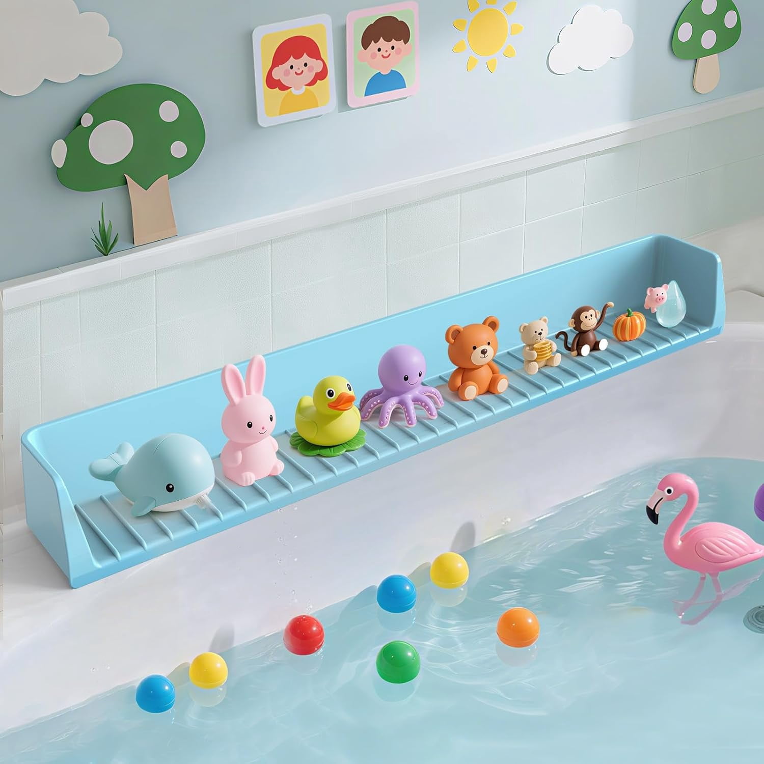 Bathtub Splash Guard with Toy Tray and Strong Suction Cups, Silicone Water Barrier Keeps Floor Dry, Bath Shelf Storage for Baby Toddler Bath Time, Foldable No Mess Accessory for Tub