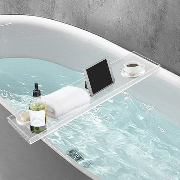 Bathtub Tray Caddy Acrylic Clear Bath Tray, Wine Glass Book Holder Bath Tub Table Caddy for Home Bathrooms Organizer Shelf Luxury Most Baths