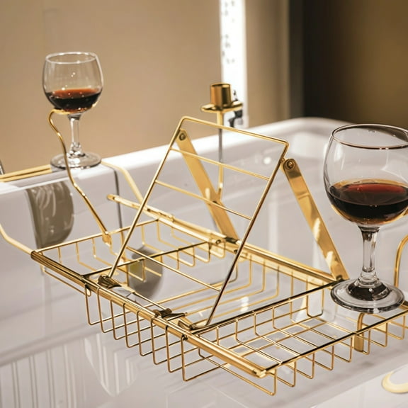Bathtub Tray Caddy, Adjustable Gold Finish Organizer, Sturdy Carbon Steel, Expandable from 24 to 33 in, Includes Rotating Stands and Dual Cup Holders