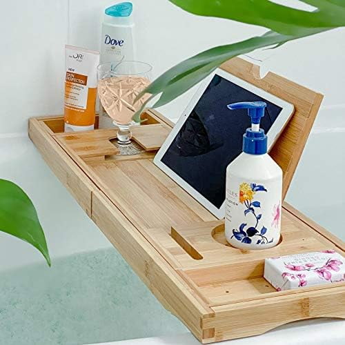 Bathtub Tray Caddy - Bamboo Foldable Bath Tub Table, Expandable Bath Tray Holds All Bathtub Accessories, Perfect Luxury Relaxing Gift for Self Care