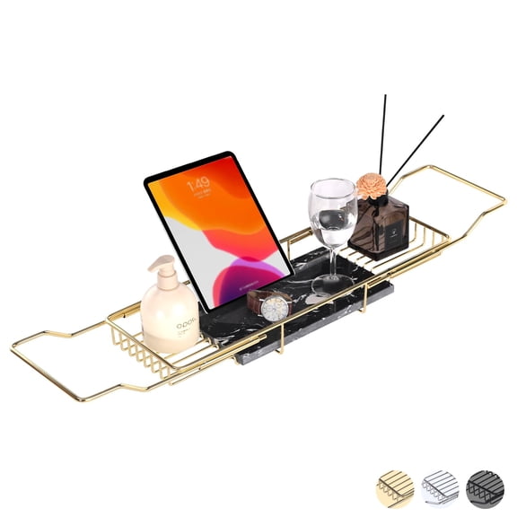 Bathtub Tray Caddy for Luxury Bath Expandable Extra Wide Bath Tub Tray with Natural Marble Tray and Mobile/Tablet Stand, Ideal for Home Spa Lovers (Gold + Black)