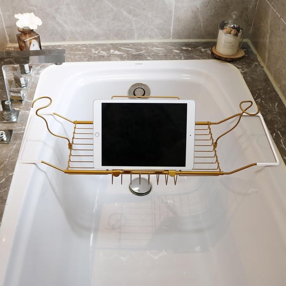 Bathtub Tray Caddy for Luxury Bath Expandable Extra Wide Bath Tub Tray with Wine Glass Holder & Soap Accessaries Holder & Laptop Reading and Organizer Ideal for Home Spa Lover (Copper)