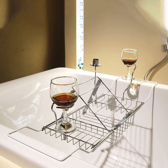 Bathtub Tray Caddy for Luxury Bath Expandable Extra Wide Tub with Wine Glass Holder & Soap Accessaries Laptop Reading and Organizer Ideal Home Spa Lover (Silver)