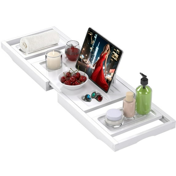Bathtub Tray Caddy,Premium Bamboo Expandable Bath Tub Trays Table, Foldable Bathroom Accessories,Great House Warming, Anniversary and Birthday Gifts