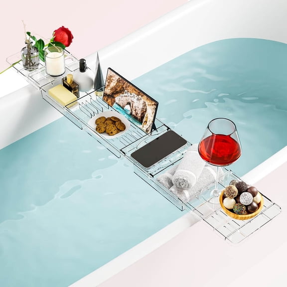 Bathtub Tray, Expandable Bath Shelf, Clear Bath Table, Bath Board, Bath Caddy Tray and Bath Tub Accessories for Relaxing With Book and Ipad Holder