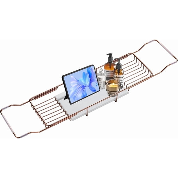 Bathtub Tray Stainless Steel with Marble Base Gold Bathtub Tray with Marble Base Adjustable & Rustproof Bath Caddy for Spa, Relaxation, Bath Bombs