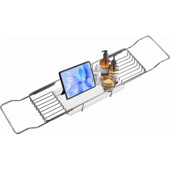 Bathtub Tray Stainless Steel with Marble Base Gold Bathtub Tray with Marble Base Adjustable & Rustproof Bath Caddy for Spa, Relaxation, Bath Bombs