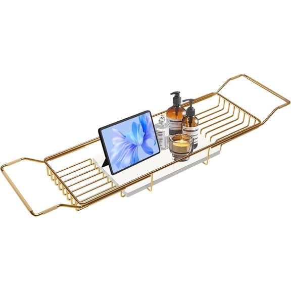 Bathtub Tray Stainless Steel with Marble Base Gold White Adjustable & Rustproof Bath Caddy for Spa, Relaxation, Bombs