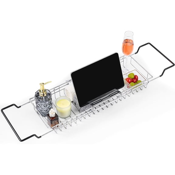 Bathtub Tray Table for Luxury Bath, Expandable Extra Wide Bthtub Caddy with Reading Holder, 304 Stainless Steel Over The Tub Bath Bathroom Accessories