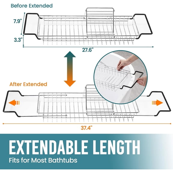 Bathtub Tray Table for Luxury Bath, Expandable Extra Wide Bthtub Caddy with Reading Holder, 304 Stainless Steel Over The Tub Bath Tray for Bathroom Accessories