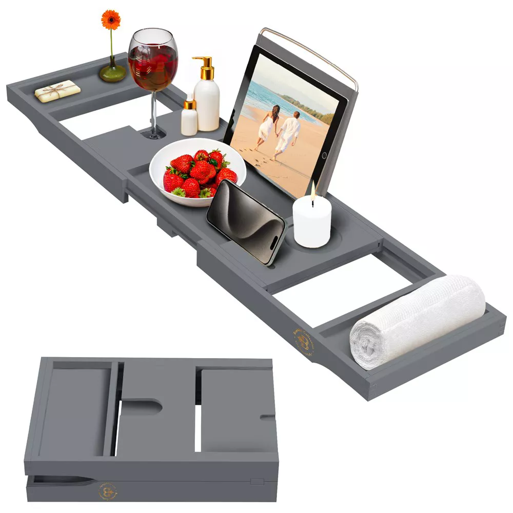 Adjustable Gray Bamboo Freestanding Bathtub Tray Caddy