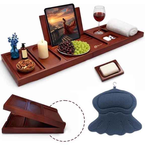 Bathtub Tray and for Tub Expandable Bamboo Bathtub Caddy with Phone & Wine Holder, Soft for Tub & Head/Neck Support