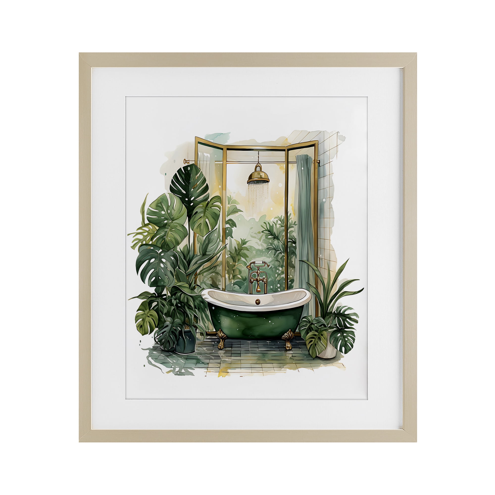 Bathtub in Tropical Oasis Birch Framed Print Under Glass, design by Lettered and Lined