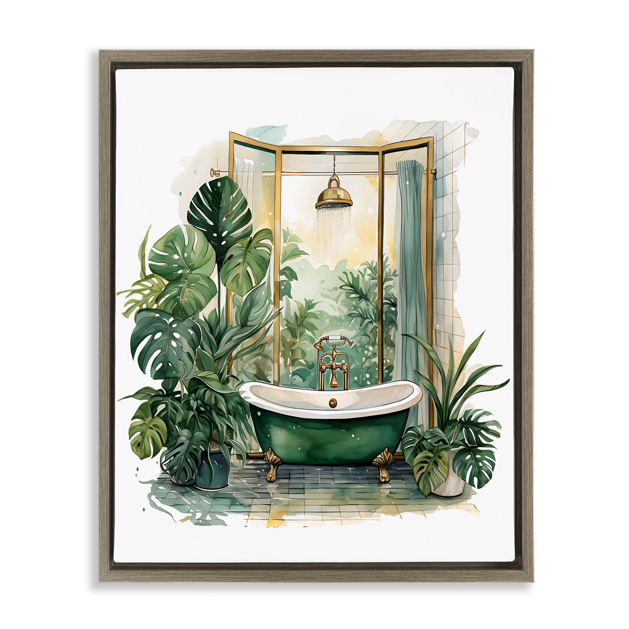 Bathtub in Tropical Oasis Brown Framed Floater Canvas Wall Art, design by Lettered and Lined