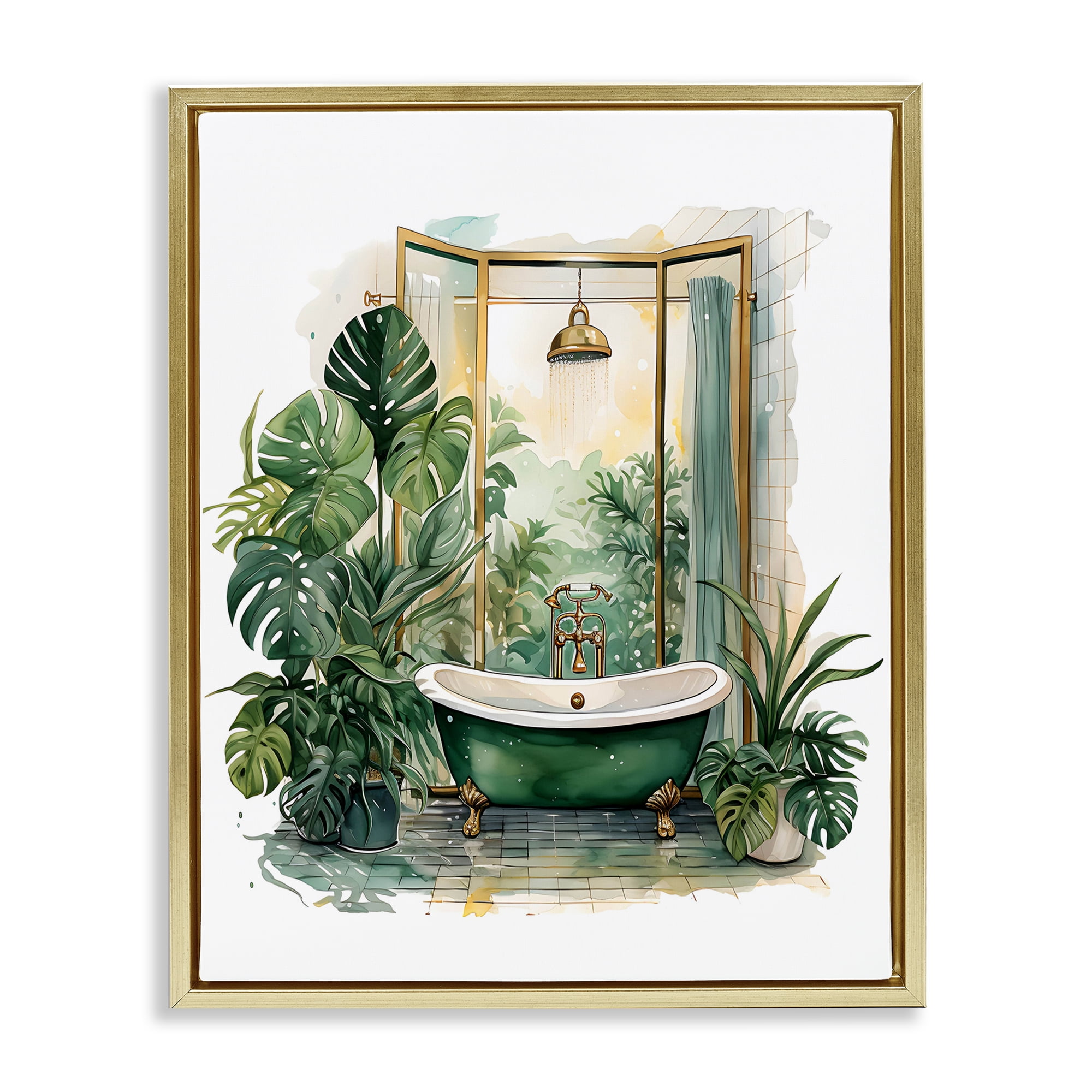 Bathtub in Tropical Oasis Gold Framed Floater Canvas Wall Art, design by Lettered and Lined