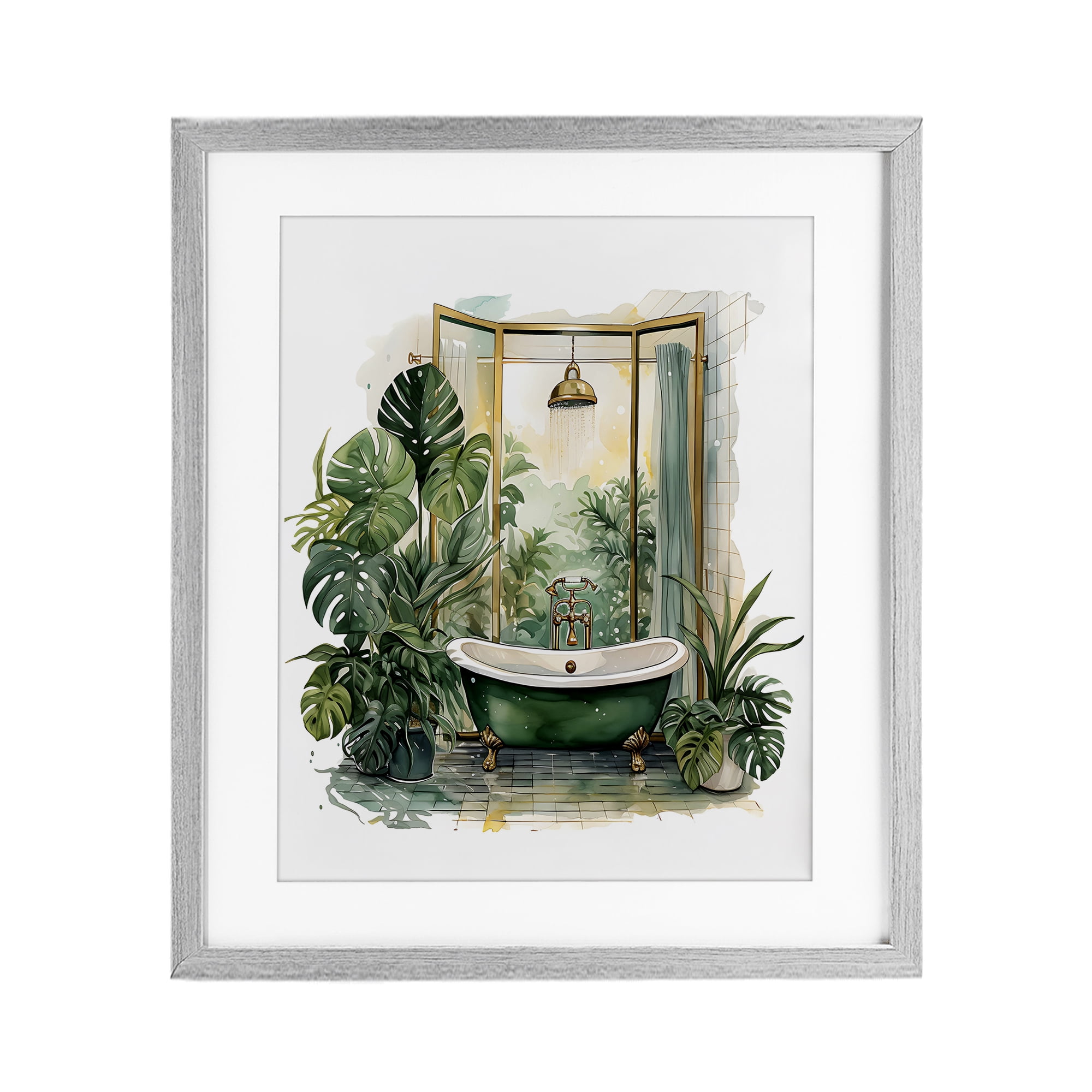Bathtub in Tropical Oasis Gray Framed Print Under Glass, design by Lettered and Lined