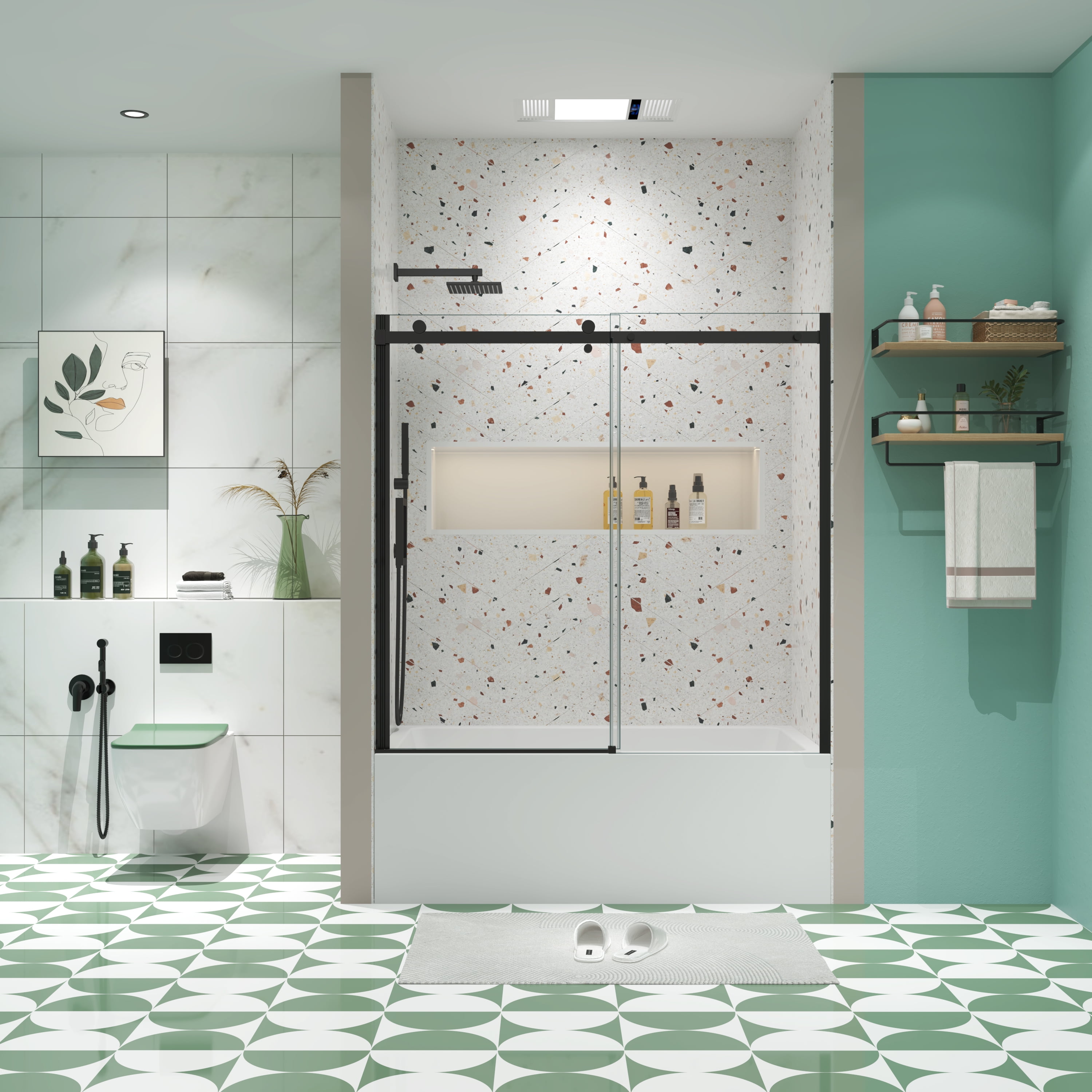 Matte Black Tempered Glass Sliding Shower Door 56-60" W x 58" H