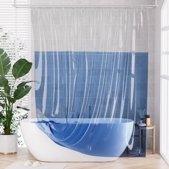 Bathway 100% EVA Shower Curtain Liner, 72 x 72 Inches Heavy Duty Shower Curtain and Liner 2-in-1 with 3 Clear Stones and 12 Brass Grommets, Color Block Soft Shower Liner - Clear & Ocean Blue