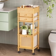 Bathway Bamboo Makeup Organizer Cart with 3 Drawers, Floor Skin Care Storage for Bathroom Bedroom, Rolling Vanity Organizer Cart for Cosmetic, Nail Polish, Perfume and Hair Tools