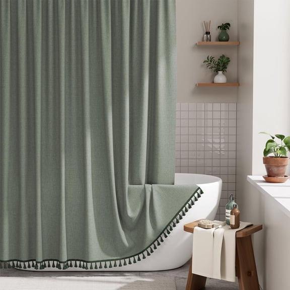 Bathway Boho Shower Curtains for Bathroom, Farmhouse Shower Curtain with Tassels, Sage Green Shower Curtain Set, Faux Linen Fabric Shower Curtain with 12 Hooks, Hotel Quality, 72x72 Inches