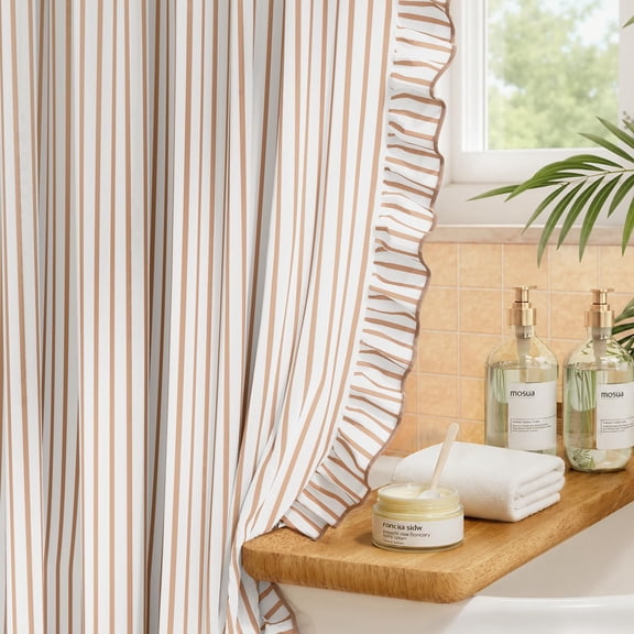 BathWay Ruffle Shower Curtain for Bathroom, Farmhouse Khaki Stripe, 72" W x 72" L